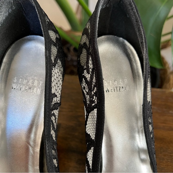 Stuart Weitzman Black Lace Peep Toe Satin Heels US9 - Picture 6 of 14